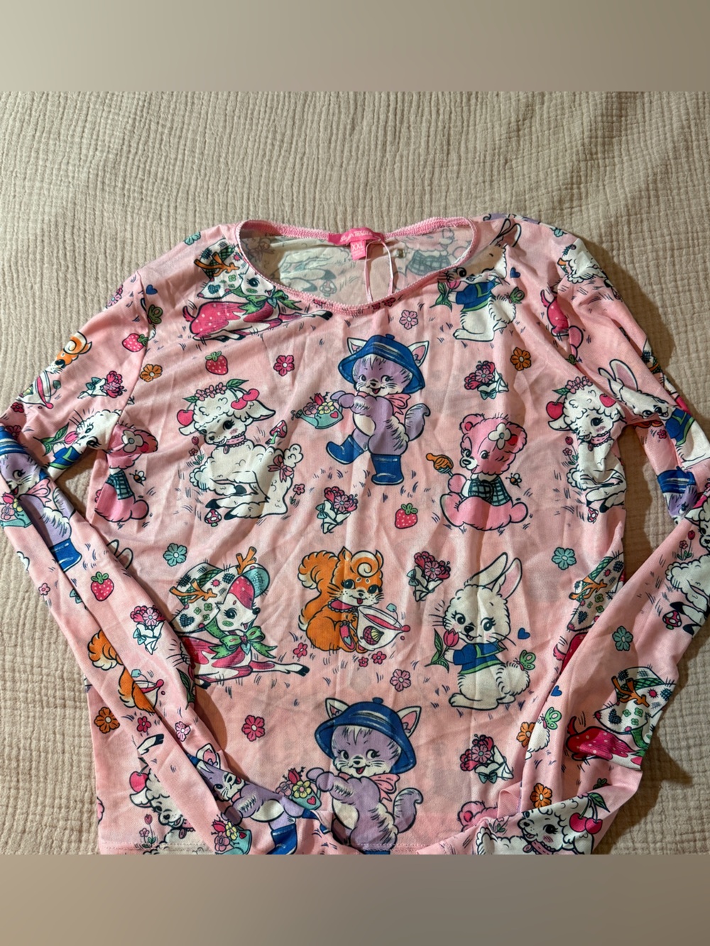 Sugar Thrillz Dolls Kill Cheerful Critters Mesh Top Print Lamb Kitty Bunny Pink